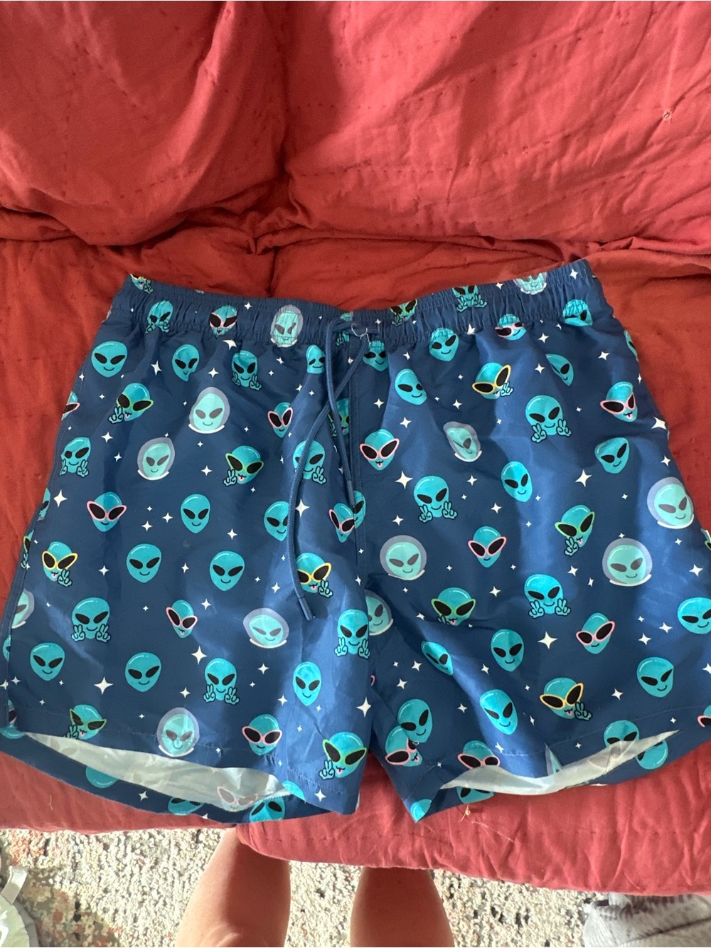 Posh Peanut Blue Alien Print Men’s Swim Trunks
